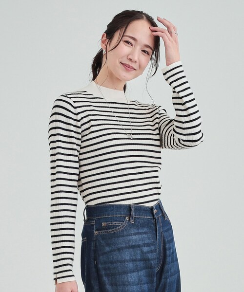 DRESKIP（ドレスキップ）の「◆【洗える】1枚でこなれ見え 配色ライン リブハイネックニット（ニット/セーター・レディース・ライトブルー/ライトグレー/ブラック/オフホワイト/オレンジ/ホワイト系5・03/02/04）」の7枚目の写真