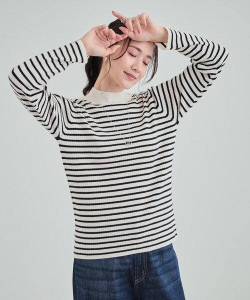 DRESKIP（ドレスキップ）の「◆【洗える】1枚でこなれ見え 配色ライン リブハイネックニット（ニット/セーター・レディース・ライトブルー/ライトグレー/ブラック/オフホワイト/オレンジ/ホワイト系5・03/02/04）」の8枚目の写真