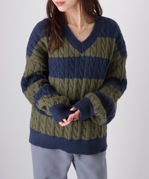 セール】ボーダー バイカラー オーバーサイズ ケーブルニット Vネック