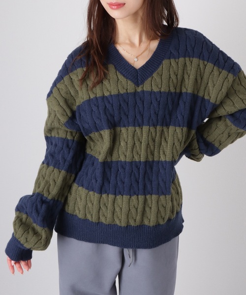 セール】ボーダー バイカラー オーバーサイズ ケーブルニット Vネック