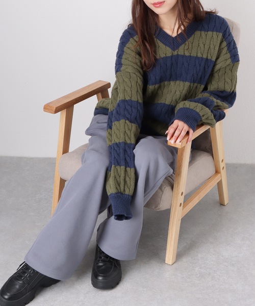 VNECK バイカラー デザイン ウール ニット セーター イタリア製 M 140-150]襟付きバイカラーニット(ニット・セーター) | a.v.v KIDS(アー