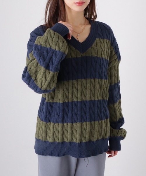 セール】ボーダー バイカラー オーバーサイズ ケーブルニット Vネック