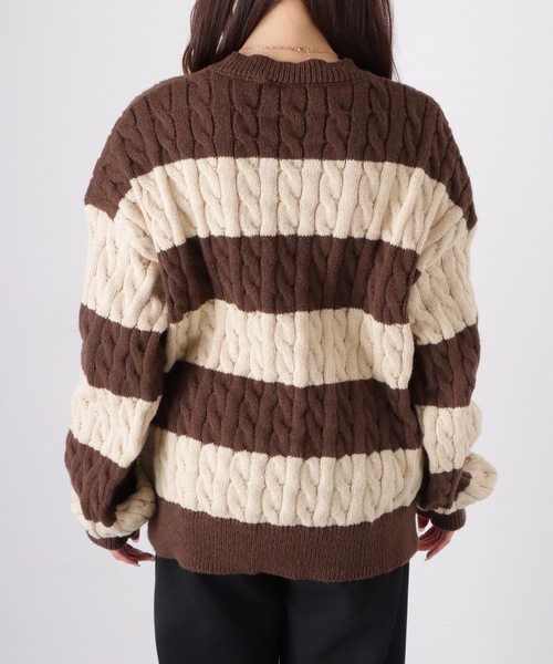 セール】ボーダー バイカラー オーバーサイズ ケーブルニット Vネック