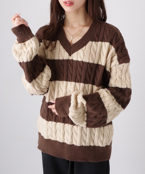 セール】ボーダー バイカラー オーバーサイズ ケーブルニット Vネック