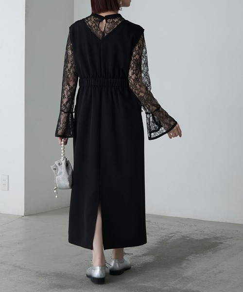 新品・タグ付き 24年♡ルネ リボン付きブラウス パール レース 定価6万円 S セール】【BONLECILL noir】レースフレアスリーブブラウス＆パール付き