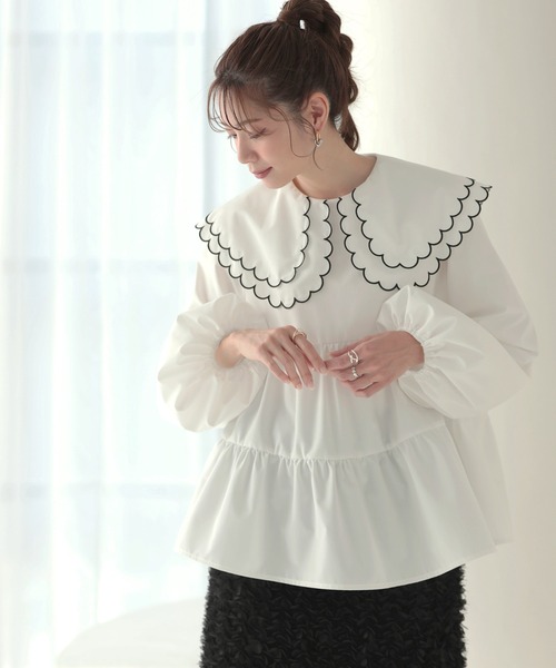 MERAKI（メラキ）の「ダブルカラースカラップブラウス（シャツ/ブラウス・レディース・ホワイト/ブラック×ホワイト/モカ/ホワイト×ブラック/ブラック・FREE）」の2枚目の写真