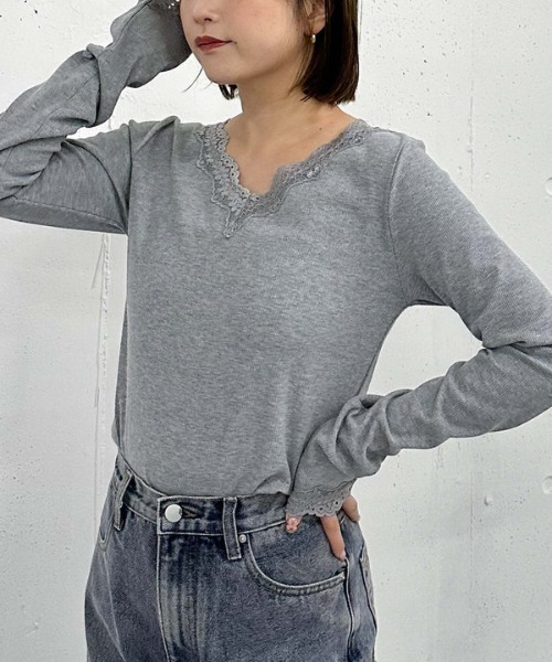 archives(アルシーヴ)の「【入荷禁止】レーストリミングテレコTOPS(Tシャツ/カットソー・レディース・グレー/オフホワイト/ブラック・MEDIUM)」の1枚目の写真