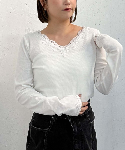 archives(アルシーヴ)の「【入荷禁止】レーストリミングテレコTOPS(Tシャツ/カットソー・レディース・グレー/オフホワイト/ブラック・MEDIUM)」の2枚目の写真