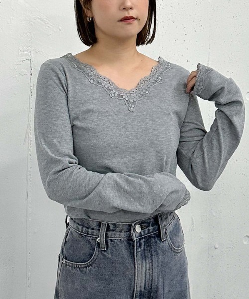 archives(アルシーヴ)の「【入荷禁止】レーストリミングテレコTOPS(Tシャツ/カットソー・レディース・グレー/オフホワイト/ブラック・MEDIUM)」の4枚目の写真
