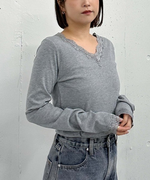 archives(アルシーヴ)の「【入荷禁止】レーストリミングテレコTOPS(Tシャツ/カットソー・レディース・グレー/オフホワイト/ブラック・MEDIUM)」の5枚目の写真