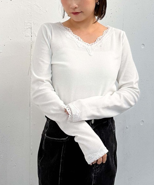 archives(アルシーヴ)の「【入荷禁止】レーストリミングテレコTOPS(Tシャツ/カットソー・レディース・グレー/オフホワイト/ブラック・MEDIUM)」の10枚目の写真