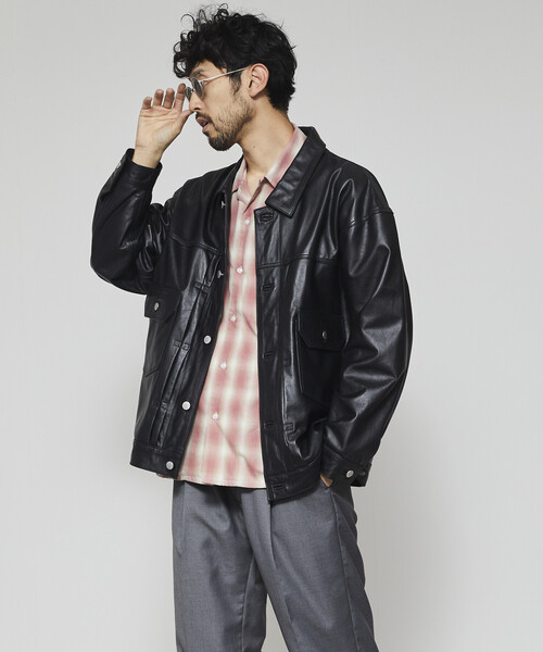 Firsthand（ファーストハンド）の「Firsthand/ファーストハンド Big Cowleather Jacket WP / ビッグシルエット カウレザージャケット / 撥水レザー / 牛革（ブルゾン・メンズ・ブラック・M/L）」の4枚目の写真