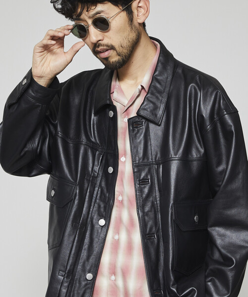 Firsthand（ファーストハンド）の「Firsthand/ファーストハンド Big Cowleather Jacket WP / ビッグシルエット カウレザージャケット / 撥水レザー / 牛革（ブルゾン・メンズ・ブラック・M/L）」の6枚目の写真