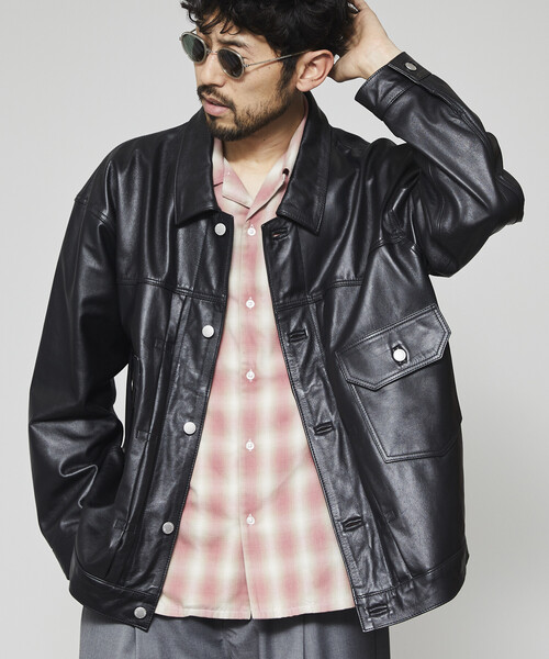 Firsthand（ファーストハンド）の「Firsthand/ファーストハンド Big Cowleather Jacket WP / ビッグシルエット カウレザージャケット / 撥水レザー / 牛革（ブルゾン・メンズ・ブラック・M/L）」の9枚目の写真