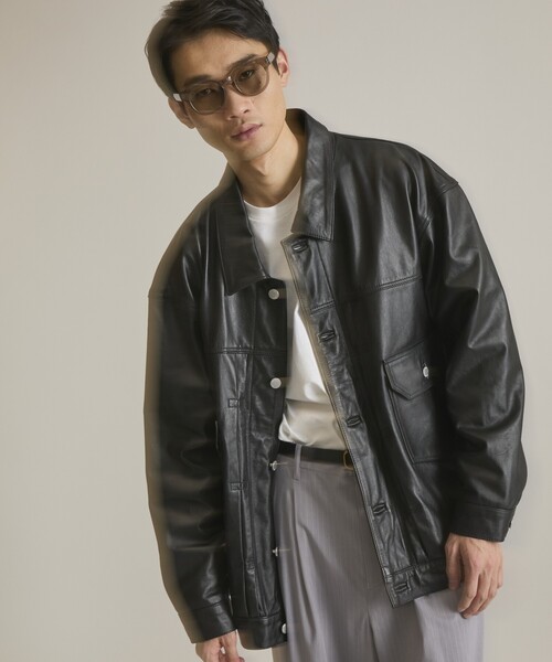 Firsthand（ファーストハンド）の「Firsthand/ファーストハンド Big Cowleather Jacket WP / ビッグシルエット カウレザージャケット / 撥水レザー / 牛革（ブルゾン・メンズ・ブラック・M/L）」の2枚目の写真