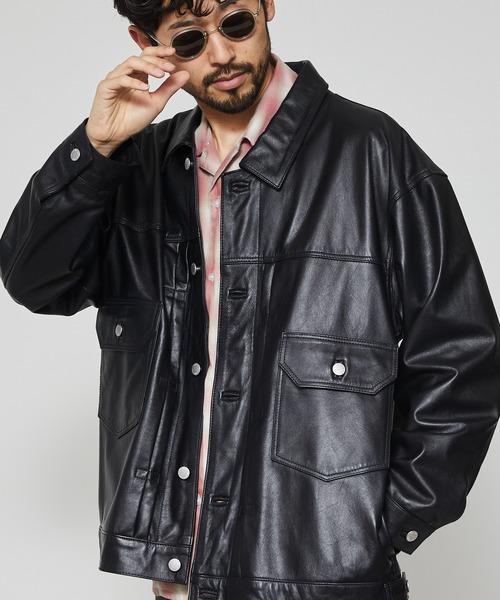 Firsthand（ファーストハンド）の「Firsthand/ファーストハンド Big Cowleather Jacket WP / ビッグシルエット カウレザージャケット / 撥水レザー / 牛革（ブルゾン・メンズ・ブラック・M/L）」の3枚目の写真