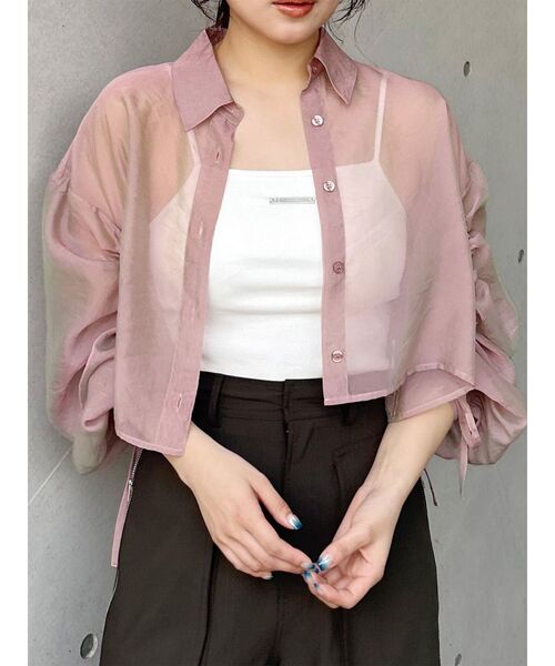 MURUA（ムルーア）の「リボンドロストスリーブシャイニーシアーシャツ（シャツ/ブラウス・レディース・ホワイト/ブラック/ピンク/ブルー・FREE）」の4枚目の写真