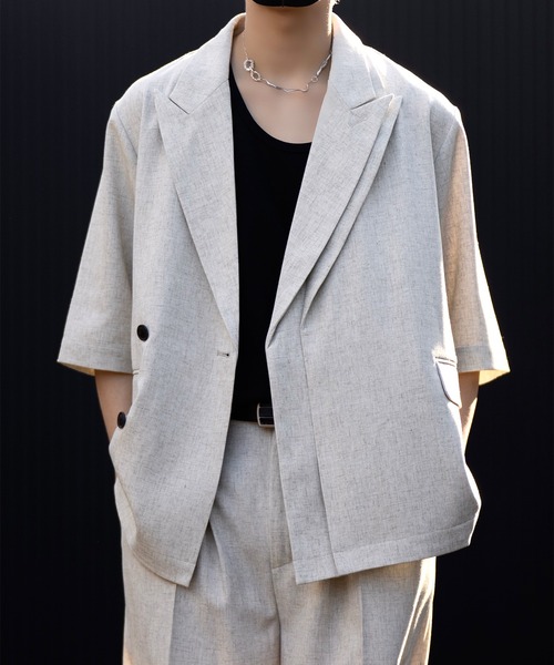 [CLEL] リネンブレンド ダブルラペル 半袖テーラードジャケット S CLEL】Linen Blend Double Lapel Short Sleeve Tailored Jacket