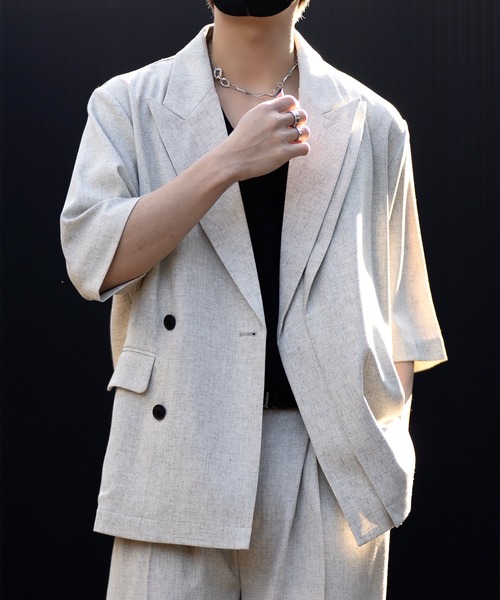 CLEL 完売品　リネンブレンド ダブルラペル半袖テーラードジャケット CLEL】Linen Blend Double Lapel Short Sleeve Tailored Jacket