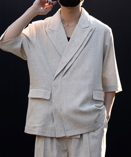 CLEL】Linen Blend Double Lapel Short Sleeve Tailored Jacket