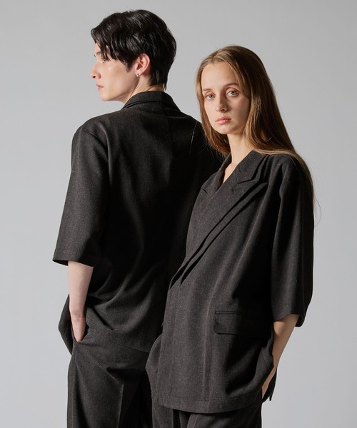 完売品　リネンブレンド ダブルラペル半袖テーラードジャケット CLEL】Linen Blend Double Lapel Short Sleeve Tailored Jacket