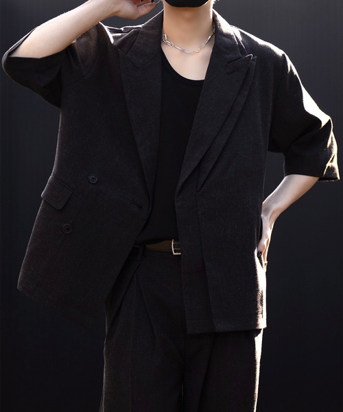 完売品　リネンブレンド ダブルラペル半袖テーラードジャケット CLEL】Linen Blend Double Lapel Short Sleeve Tailored Jacket