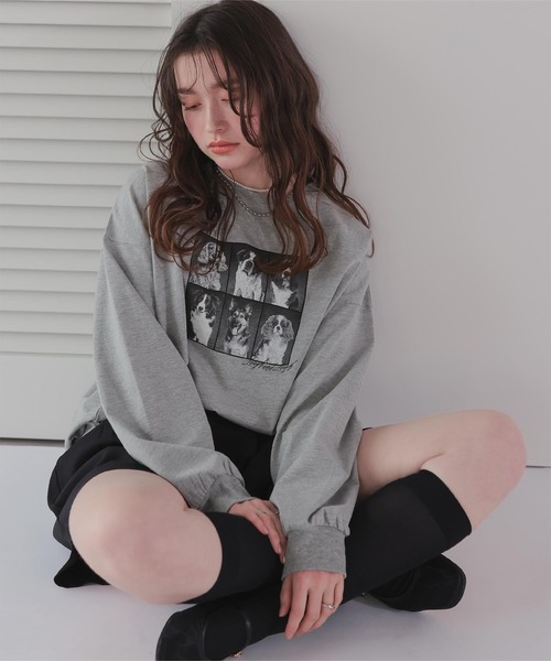 titivate(ティティベイト)の「ドッグフォトプリントビッグロングTシャツ(Tシャツ/カットソー・レディース・杢グレー/オフホワイト/スミクロ・M)」の18枚目の写真