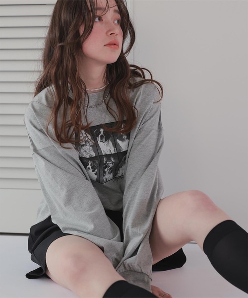 titivate(ティティベイト)の「ドッグフォトプリントビッグロングTシャツ(Tシャツ/カットソー・レディース・杢グレー/オフホワイト/スミクロ・M)」の22枚目の写真