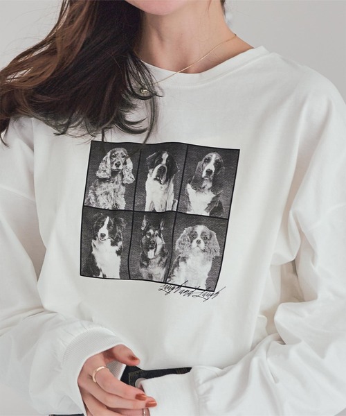 titivate(ティティベイト)の「ドッグフォトプリントビッグロングTシャツ(Tシャツ/カットソー・レディース・杢グレー/オフホワイト/スミクロ・M)」の7枚目の写真