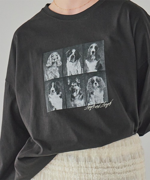 titivate(ティティベイト)の「ドッグフォトプリントビッグロングTシャツ(Tシャツ/カットソー・レディース・杢グレー/オフホワイト/スミクロ・M)」の17枚目の写真