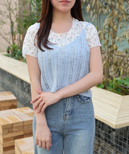 LAC-VERT（ラック・ヴェール）の「小花柄Ｔ＋ニットキャミセット（Tシャツ/カットソー・レディース・ブルー/ピンク/イエロー・FREE）」の4枚目の写真