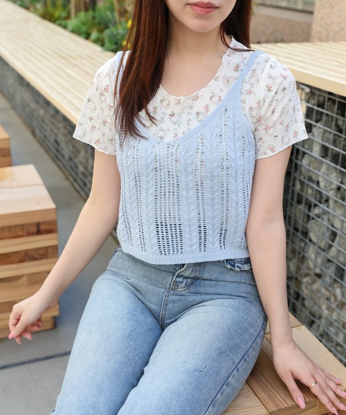 LAC-VERT（ラック・ヴェール）の「小花柄Ｔ＋ニットキャミセット（Tシャツ/カットソー・レディース・ブルー/ピンク/イエロー・FREE）」の5枚目の写真