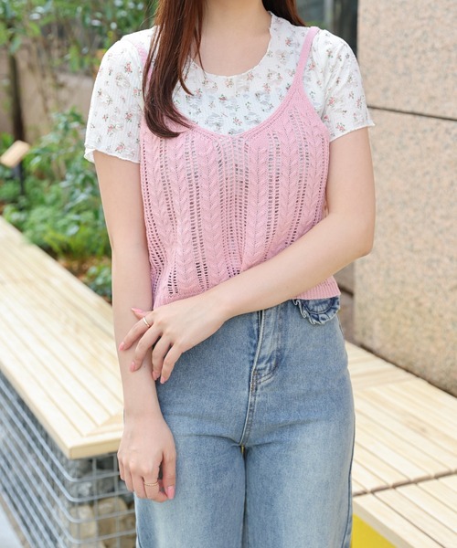 LAC-VERT（ラック・ヴェール）の「小花柄Ｔ＋ニットキャミセット（Tシャツ/カットソー・レディース・ブルー/ピンク/イエロー・FREE）」の10枚目の写真
