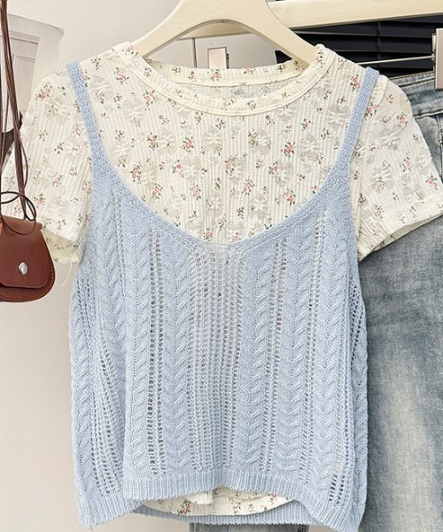 LAC-VERT（ラック・ヴェール）の「小花柄Ｔ＋ニットキャミセット（Tシャツ/カットソー・レディース・ブルー/ピンク/イエロー・FREE）」の14枚目の写真