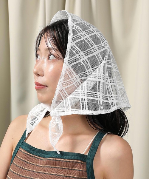 チェック柄 シアー バンダナ バブーシュカ（その他ヘアアクセサリー