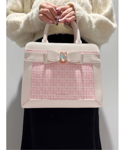 SAMANTHAVEGA(サマンサベガ)の「ツイードプリントジュエルリボンハンドバッグ(ハンドバッグ・レディース・ピンク/ライトブルー/ラベンダー/ブラック・FREE)」の1枚目の写真