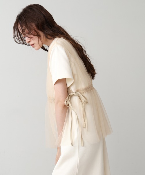 ヘリンドットサイ チュールレース袖 ドッキング ワイド トップス/スウェット セール】Over A-line tops オーバーAライントップス（スウェット