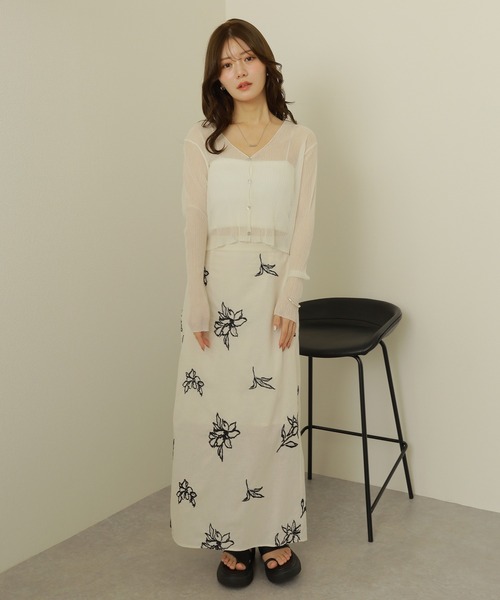 cotton linen flower embroidery long skirt /綿麻 フラワー 刺繍