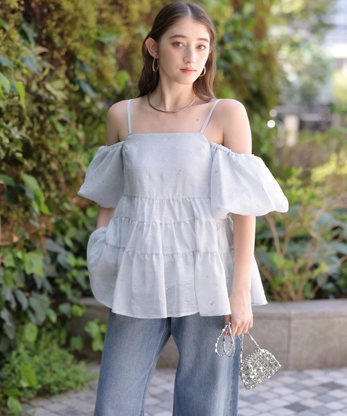【美品】リランドチュール　ローズドット刺繍ティアードキャミ　オフショルダー リランドチュール Rirandture ローズドット刺繍ティアードキャミ