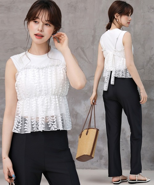 TeddyShop（テディショップ）の「レディース水着 4wayで着られる。レースビスチェ+ロングボトムス+ハイネックビキニ 4点セット [大きいサイズ有]（水着・レディース・ブラック/ホワイト・L/M/S/LL）」の2枚目の写真