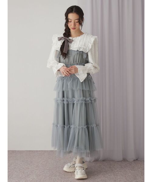 極美品！merry jennyグレー ドット柄 チュールロングワンピース チュールドロストロングワンピース（ワンピース）｜merry jenny