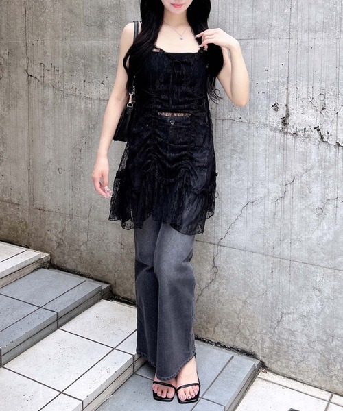 INGNI（イング）の「【WEB限定】レースドロストキャミチュニック（チュニック・レディース・ブラック/オフホワイト・M）」の6枚目の写真