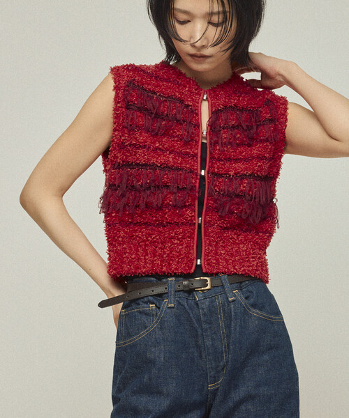 Firsthand(ファーストハンド)の「Firsthand/ファーストハンド 異素材フリンジニットベスト / ボーダーニットベスト 25AW(ベスト・レディース・ブラック/ベージュ/レッド・FREE)」の1枚目の写真
