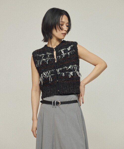 ベスト ジレ Firsthand/ファーストハンド 異素材フリンジニットベスト / ボーダーニットベスト 25AW レディース Firsthand/ファーストハンド 異素材フリンジニットベスト