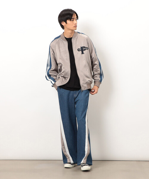 セール】サテン×デニム切替刺繍ブルゾン（デニムジャケット