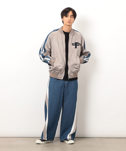 セール】サテン×デニム切替刺繍ブルゾン（デニムジャケット