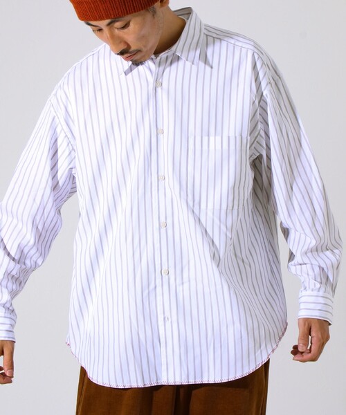 GLOSTER（グロスター）の「【裾ステッチで差がつく】ストライプオーバーシャツ（シャツ/ブラウス・メンズ・ブルー系その他/ホワイト系その他/ホワイト×ブラック・S/M/L）」の3枚目の写真