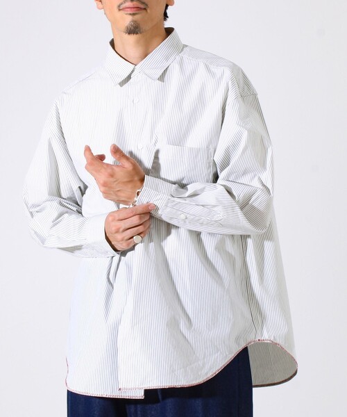 GLOSTER（グロスター）の「【裾ステッチで差がつく】ストライプオーバーシャツ（シャツ/ブラウス・メンズ・ブルー系その他/ホワイト系その他/ホワイト×ブラック・S/M/L）」の7枚目の写真