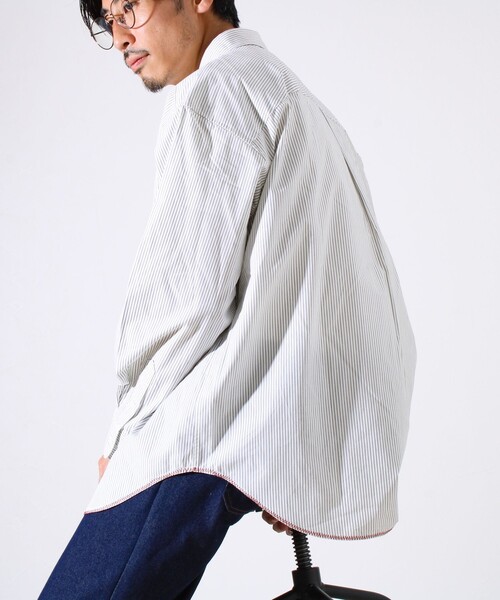 GLOSTER（グロスター）の「【裾ステッチで差がつく】ストライプオーバーシャツ（シャツ/ブラウス・メンズ・ブルー系その他/ホワイト系その他/ホワイト×ブラック・S/M/L）」の11枚目の写真
