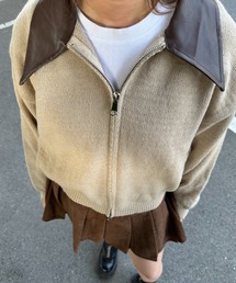 フェイクレザーカラー&ダブルジップ ニット ジャケット